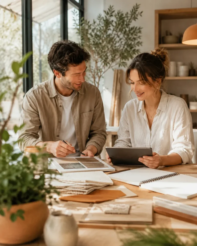 Twee professionals bespreken interieur- en tuinmaterialen in een lichte studio