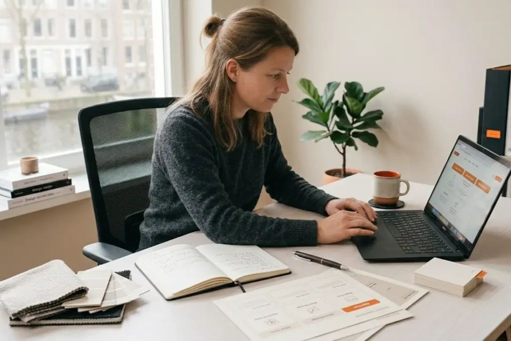 Persoon bekijkt contactinformatie op een laptop voor Wonen net