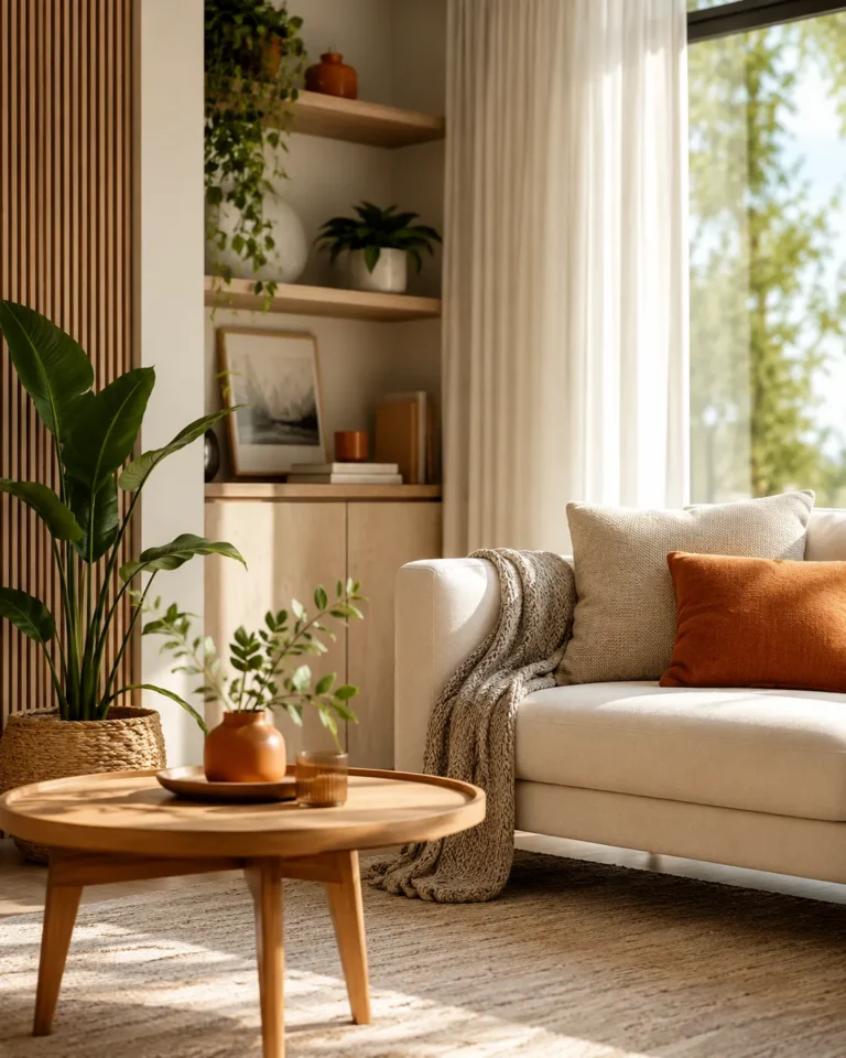 Sfeervolle moderne woonkamer met planten, houten meubels en warme oranje accenten