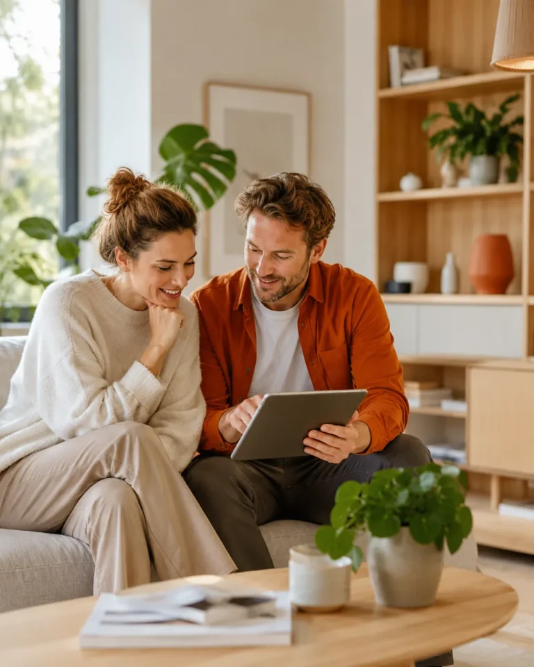 Twee mensen bekijken woonadvies op een tablet in een warme moderne woonkamer