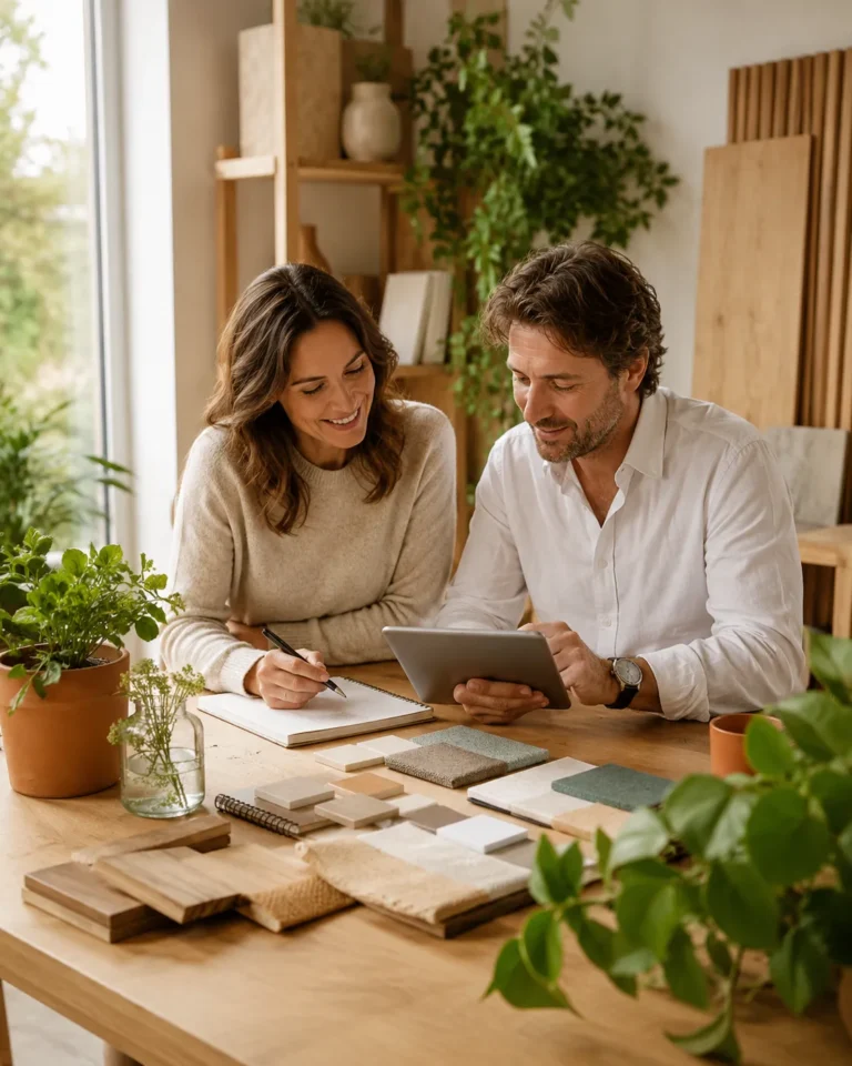 Twee professionals bespreken interieur- en tuinadvies met materialen en tablet in een lichte studio