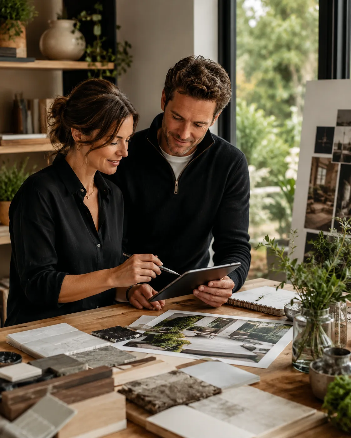 Twee professionals bespreken samenwerking voor huis en tuin inspiratie aan een houten tafel