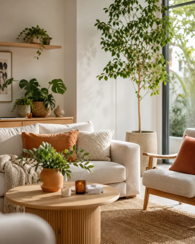 Sfeervolle woonkamer met groene planten, houten meubels en warme oranje accenten