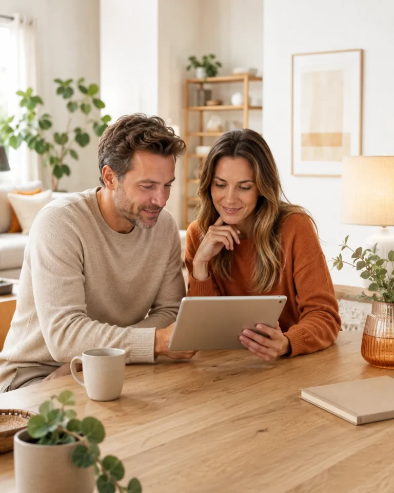 Twee mensen bekijken woonadvies op een tablet in een lichte moderne woonkamer